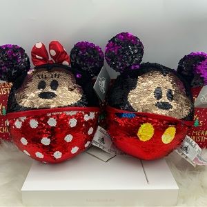 Disney Parks Minnie and Mickey Sequin Ears Pillow set Christmas